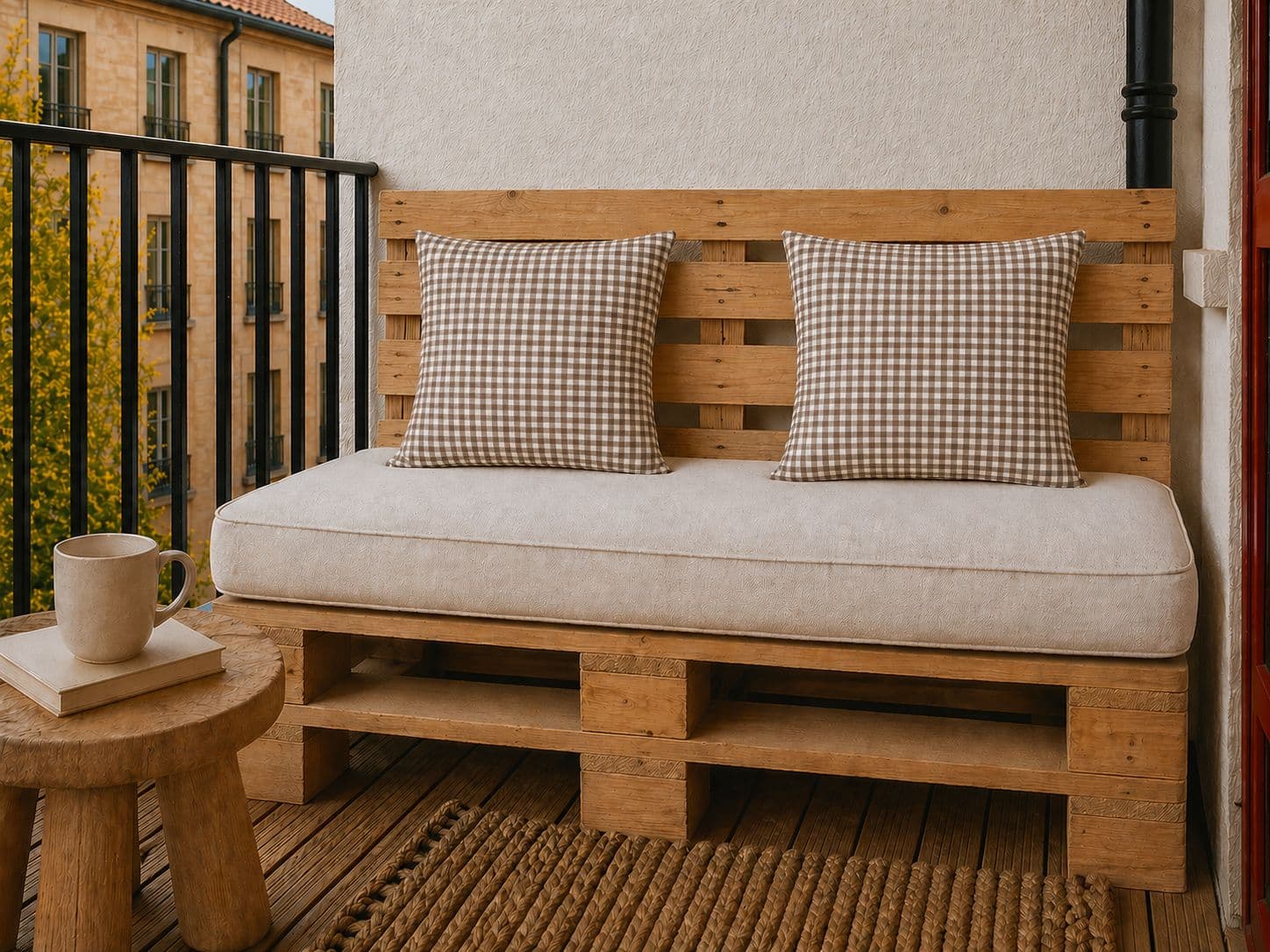Coussin vichy Taupe sur un banc
